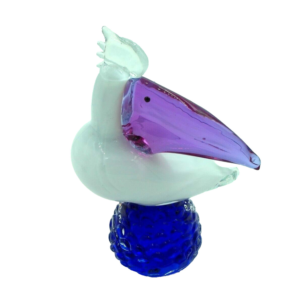 Murano‎ Glass Pelican With Cobalt Blue Base Figurine 8" Tall 6" Wide Collectible